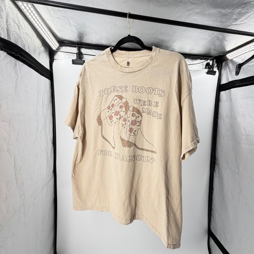 Junk Food Clothing Tan Cowboy Boots Graphic T-Shirt Large Western Floral Tee